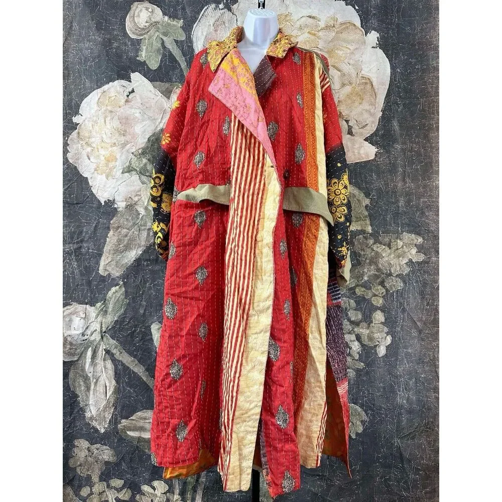 Free People Multicolor Patchwork Trench Coat - Red & Gold Accents - Picture 6 of 8